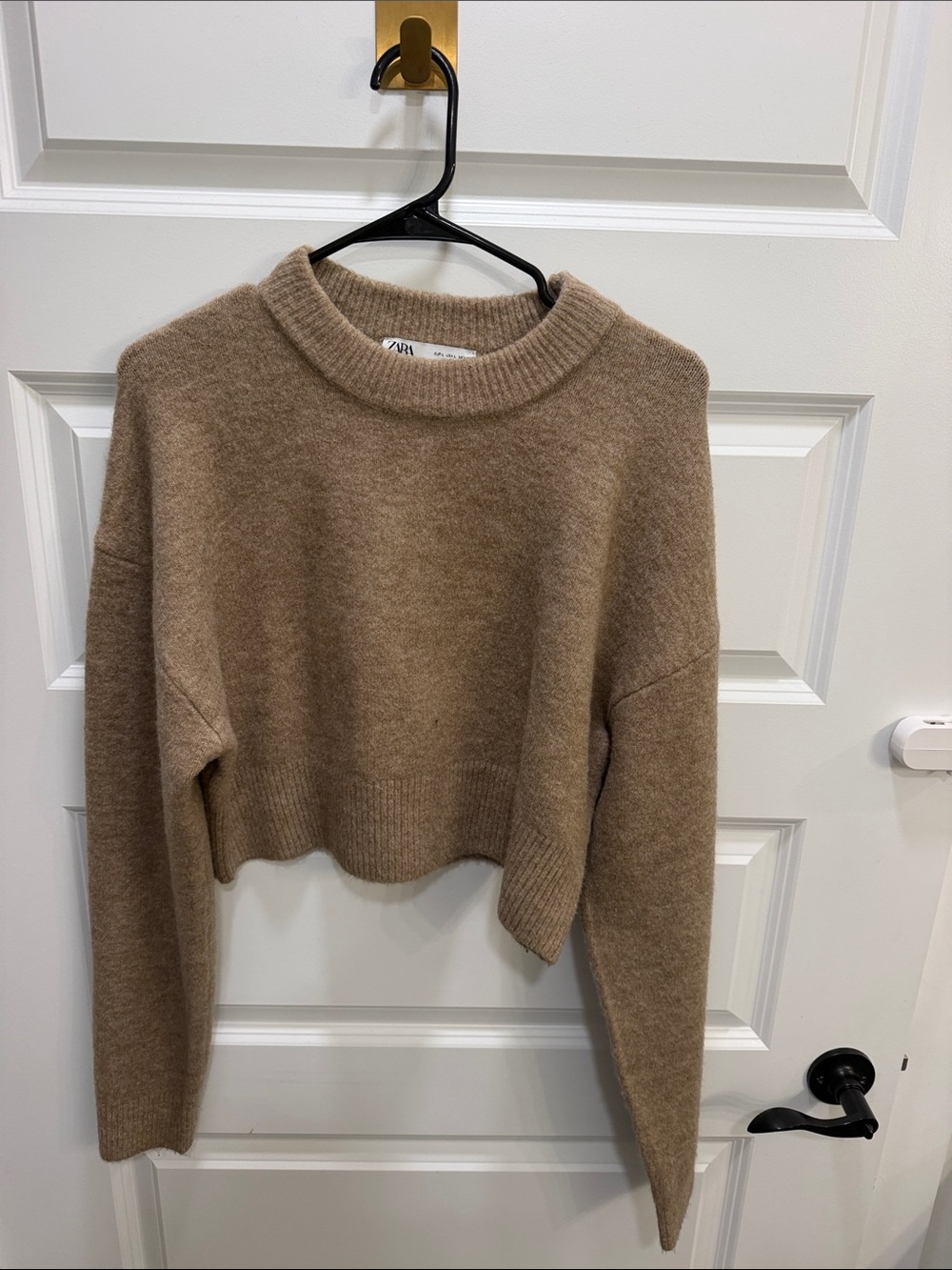 Zara Tan Cropped Crewneck Sweater